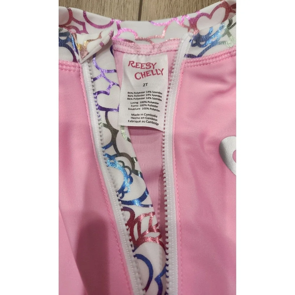 Toddler Girls Pink Hearts Flowers One Piece Swimsuit Rash Guard‎ Size 2T